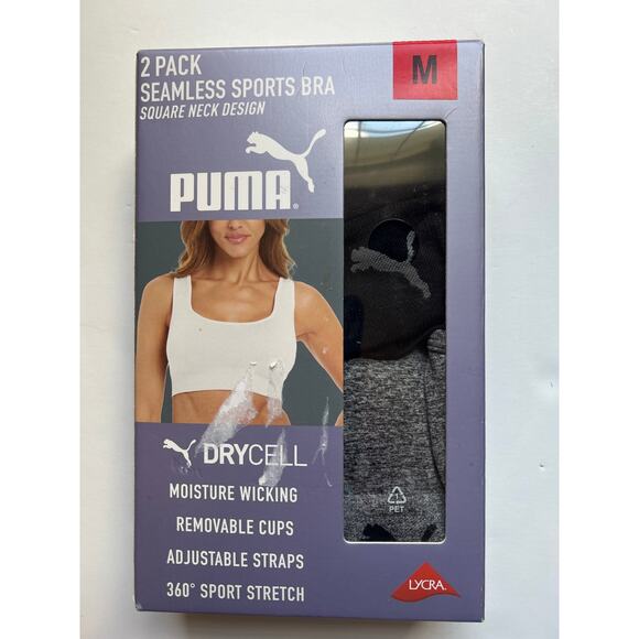 PUMA Seamless Sports Bra 2 Pack Gray and Black Size Medium Square Neck NWT - Picture 1 of 3
